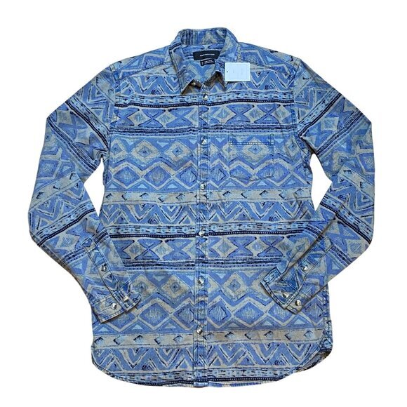 Men's Urban Outfitters XS Tribal Southwestern Print Denim Button-Up Shirt Blue/B - Picture 1 of 6